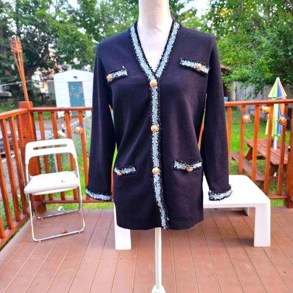 Navy Blue women's four Pockets Jacket button Down Sweater Fits L - Picture 1 of 7